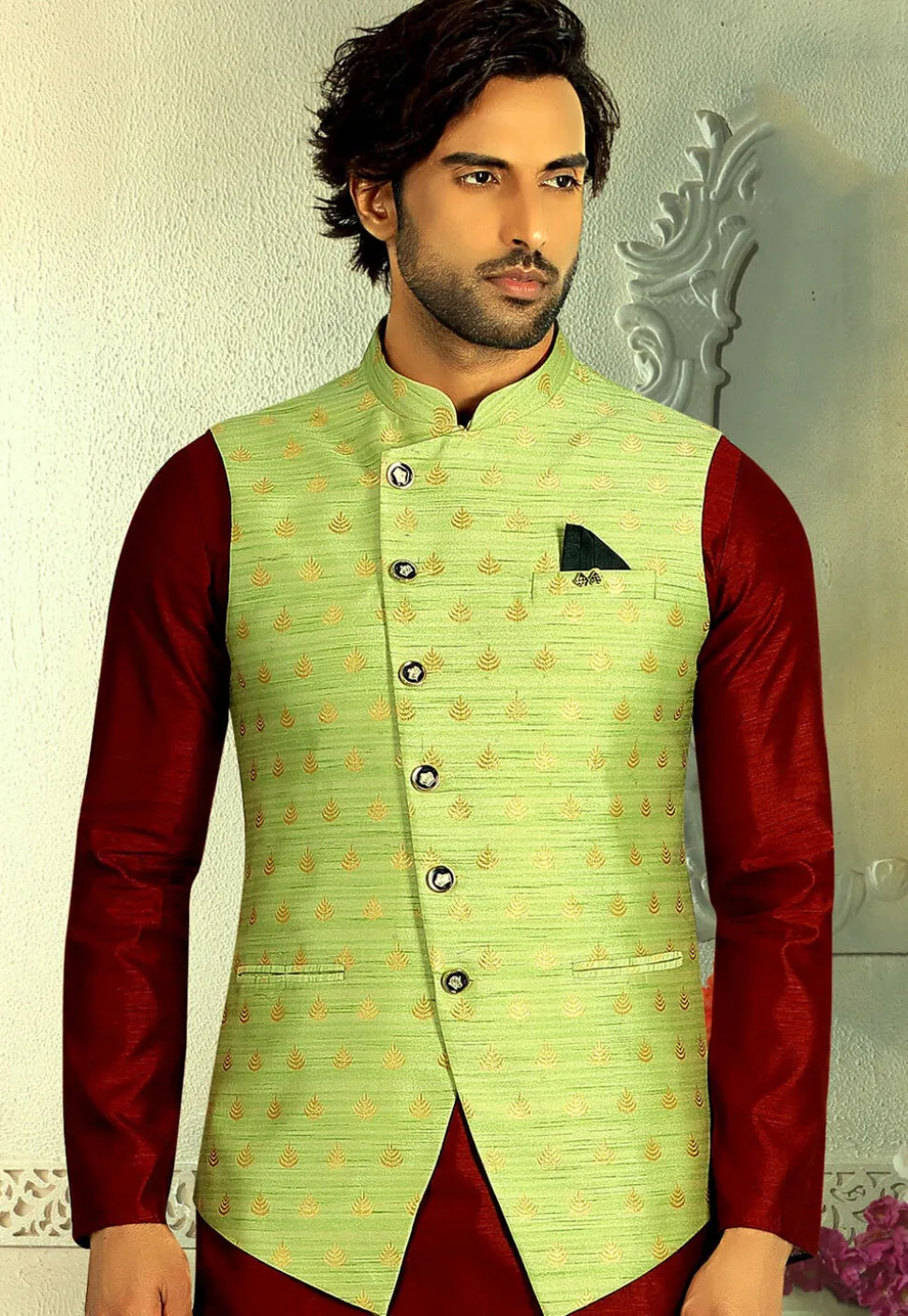 Woven Art Silk Jacquard Jacket in Light Green