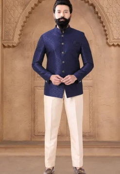 Woven Art Silk Jacquard Jodhpuri Suit in Navy Blue