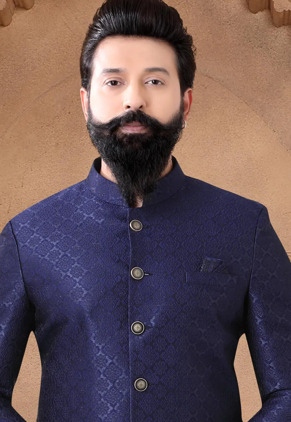 Woven Art Silk Jacquard Jodhpuri Suit in Navy Blue