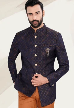 Woven Art Silk Jacquard Jodhpuri Jacket in Navy Blue