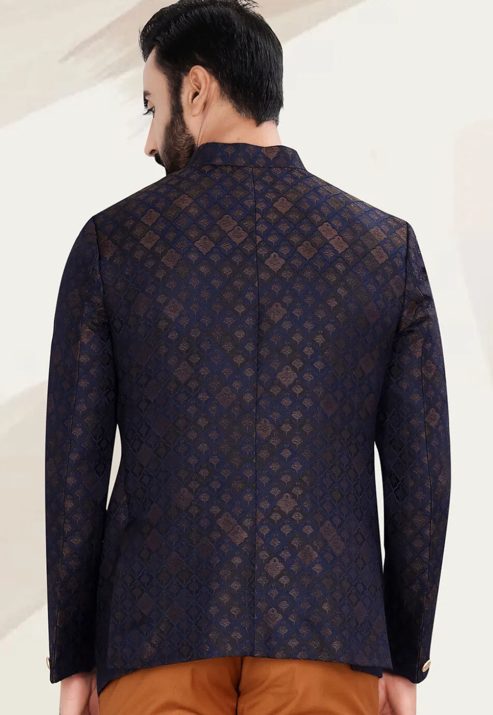 Woven Art Silk Jacquard Jodhpuri Jacket in Navy Blue