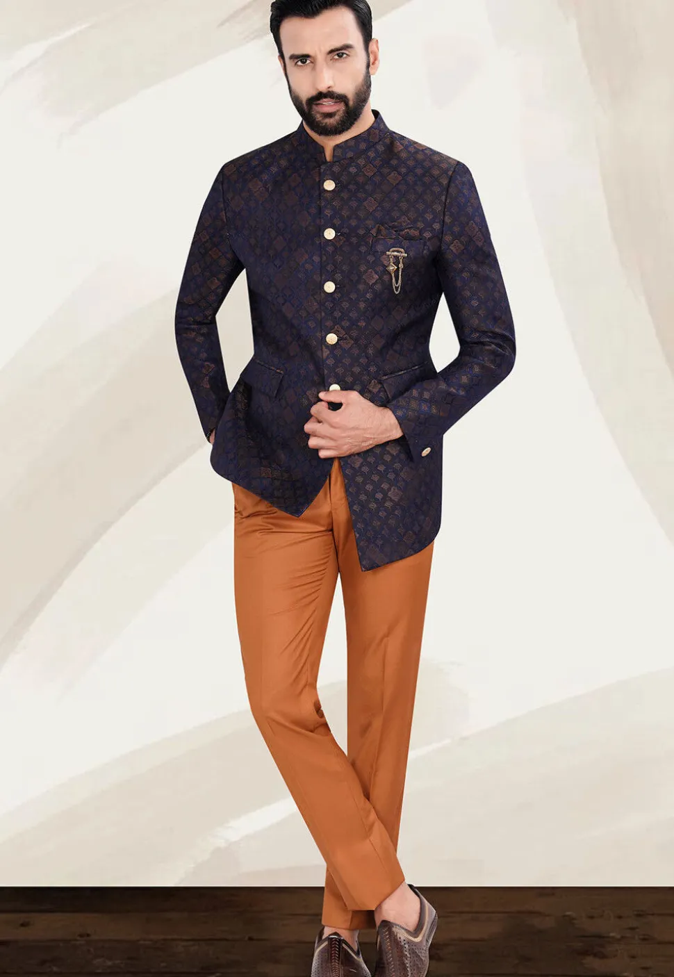 Woven Art Silk Jacquard Jodhpuri Jacket in Navy Blue
