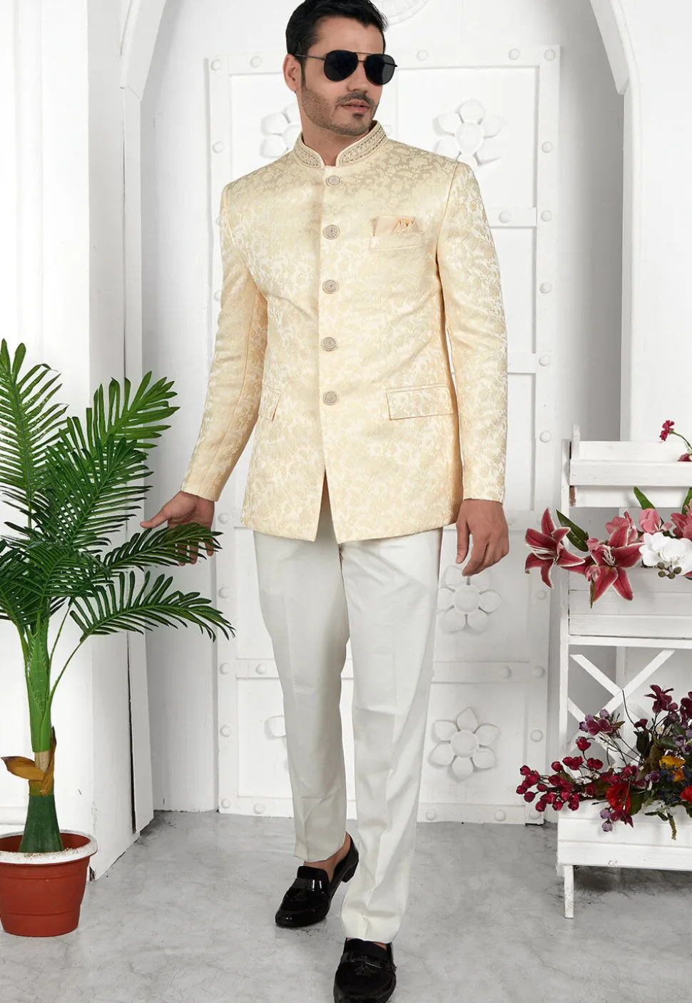 Woven Art Silk Jacquard Jodhpuri Jacket in Beige