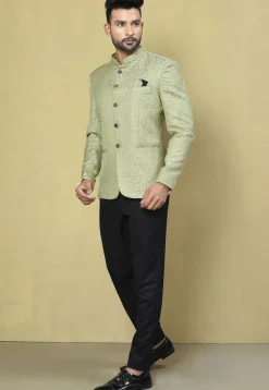 Woven Art Silk Jacquard Jodhpuri Jacket in Pastel Green