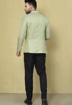 Woven Art Silk Jacquard Jodhpuri Jacket in Pastel Green