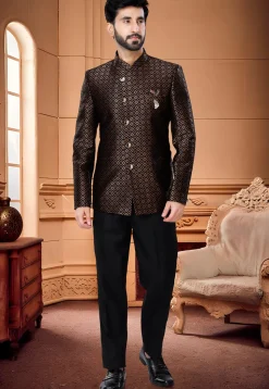 Woven Art Silk Jacquard Jodhpuri Suit in Brown and Black