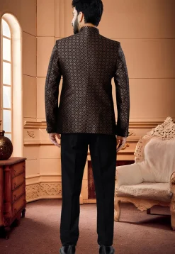 Woven Art Silk Jacquard Jodhpuri Suit in Brown and Black