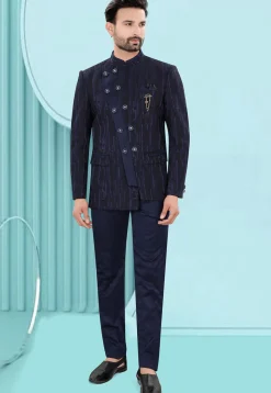 Woven Art Silk Jacquard Jodhpuri Suit in Navy Blue