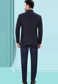 Woven Art Silk Jacquard Jodhpuri Suit in Navy Blue