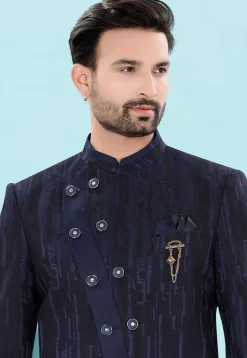 Woven Art Silk Jacquard Jodhpuri Suit in Navy Blue