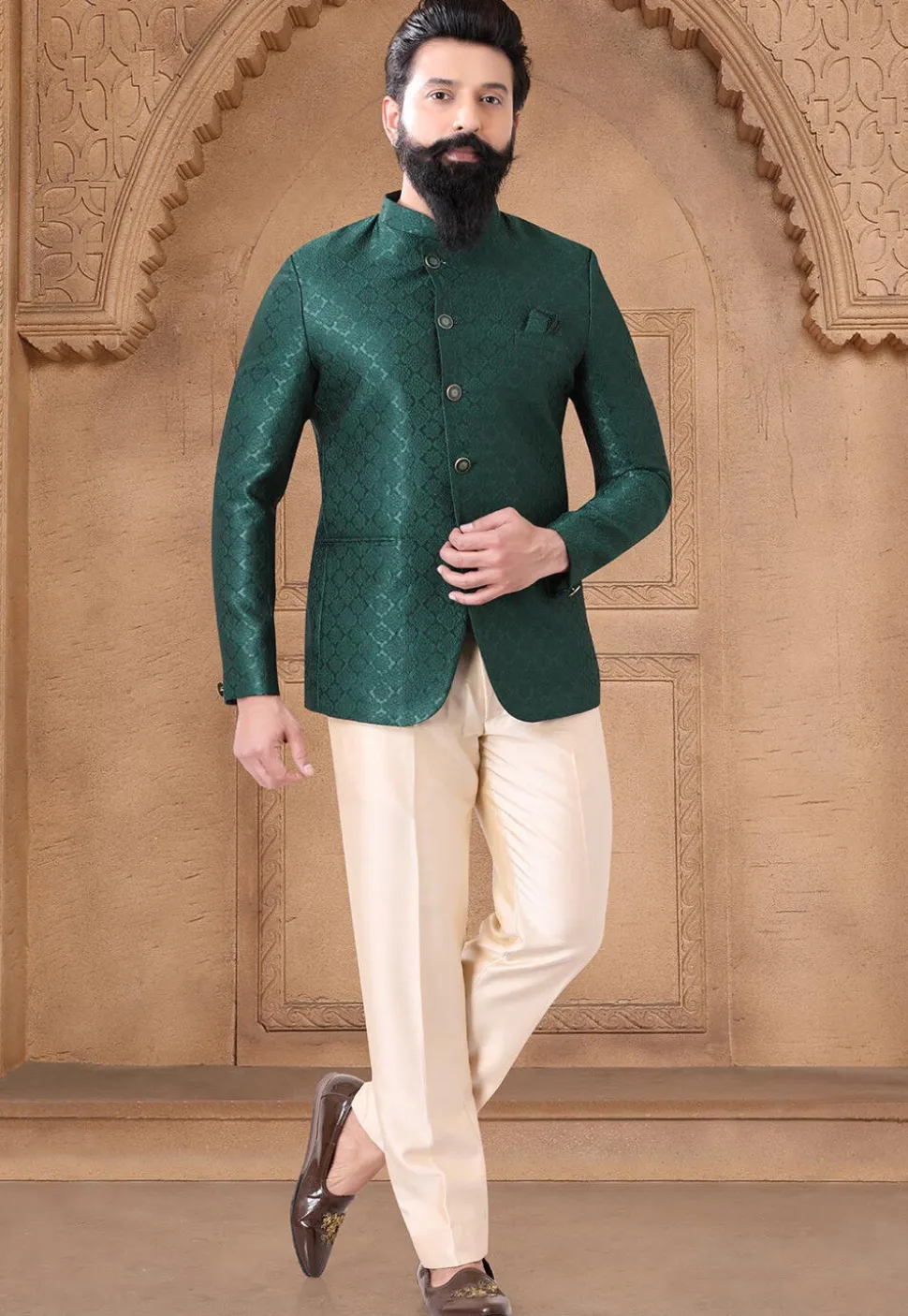 Woven Art Silk Jacquard Jodhpuri Suit in Teal Green