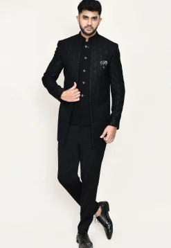 Woven Art Silk Jacquard Jodhpuri Suit in Black