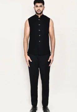 Woven Art Silk Jacquard Jodhpuri Suit in Black