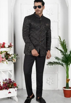 Woven Art Silk Jacquard Jodhpuri Jacket in Black