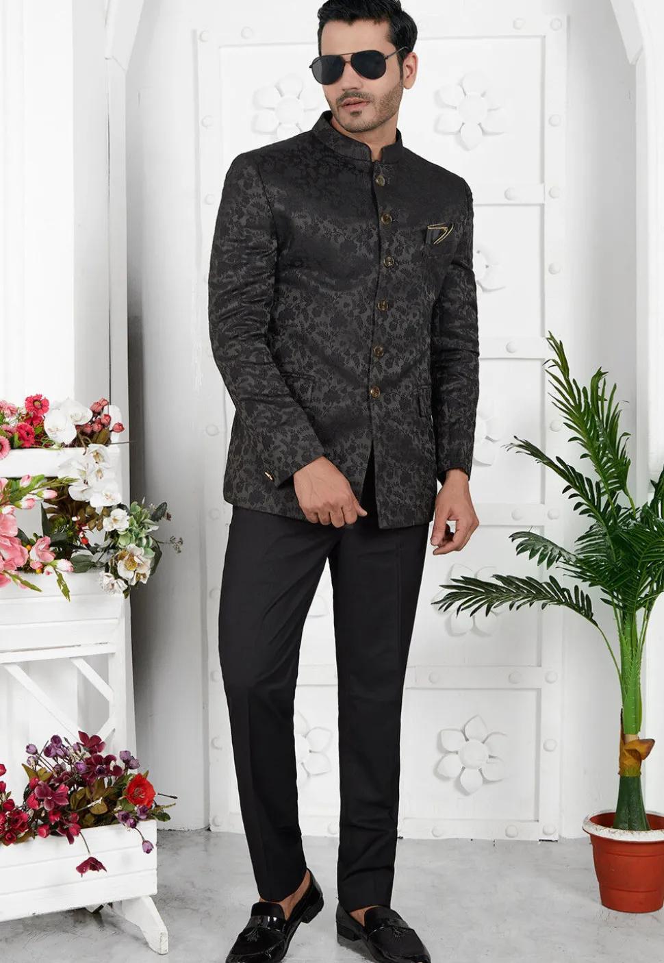 Woven Art Silk Jacquard Jodhpuri Jacket in Black