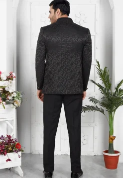Woven Art Silk Jacquard Jodhpuri Jacket in Black