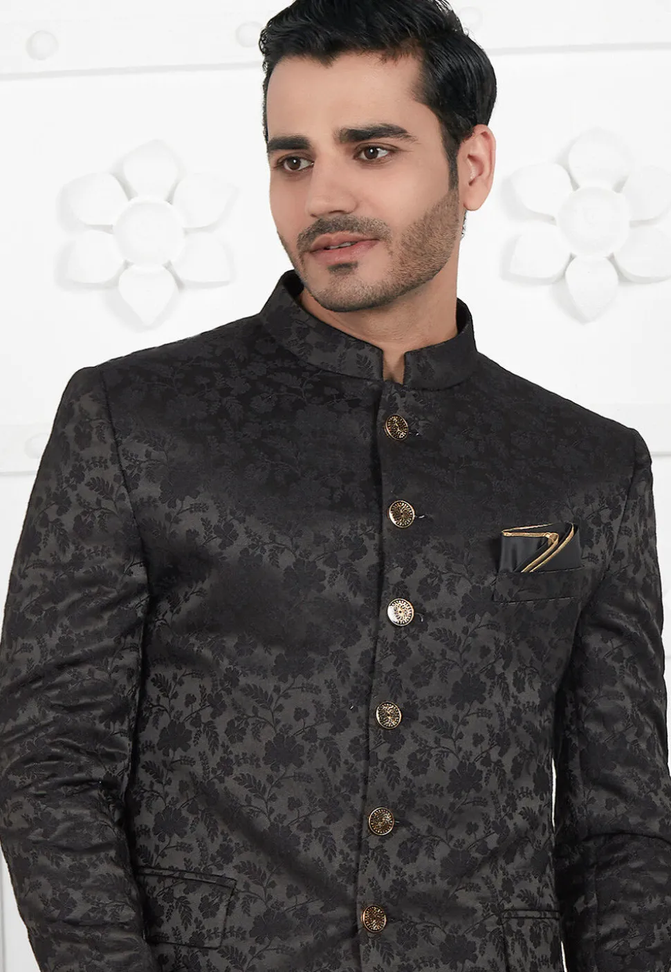 Woven Art Silk Jacquard Jodhpuri Jacket in Black