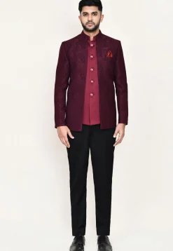 Woven Art Silk Jacquard Jodhpuri Suit in Maroon