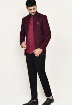Woven Art Silk Jacquard Jodhpuri Suit in Maroon