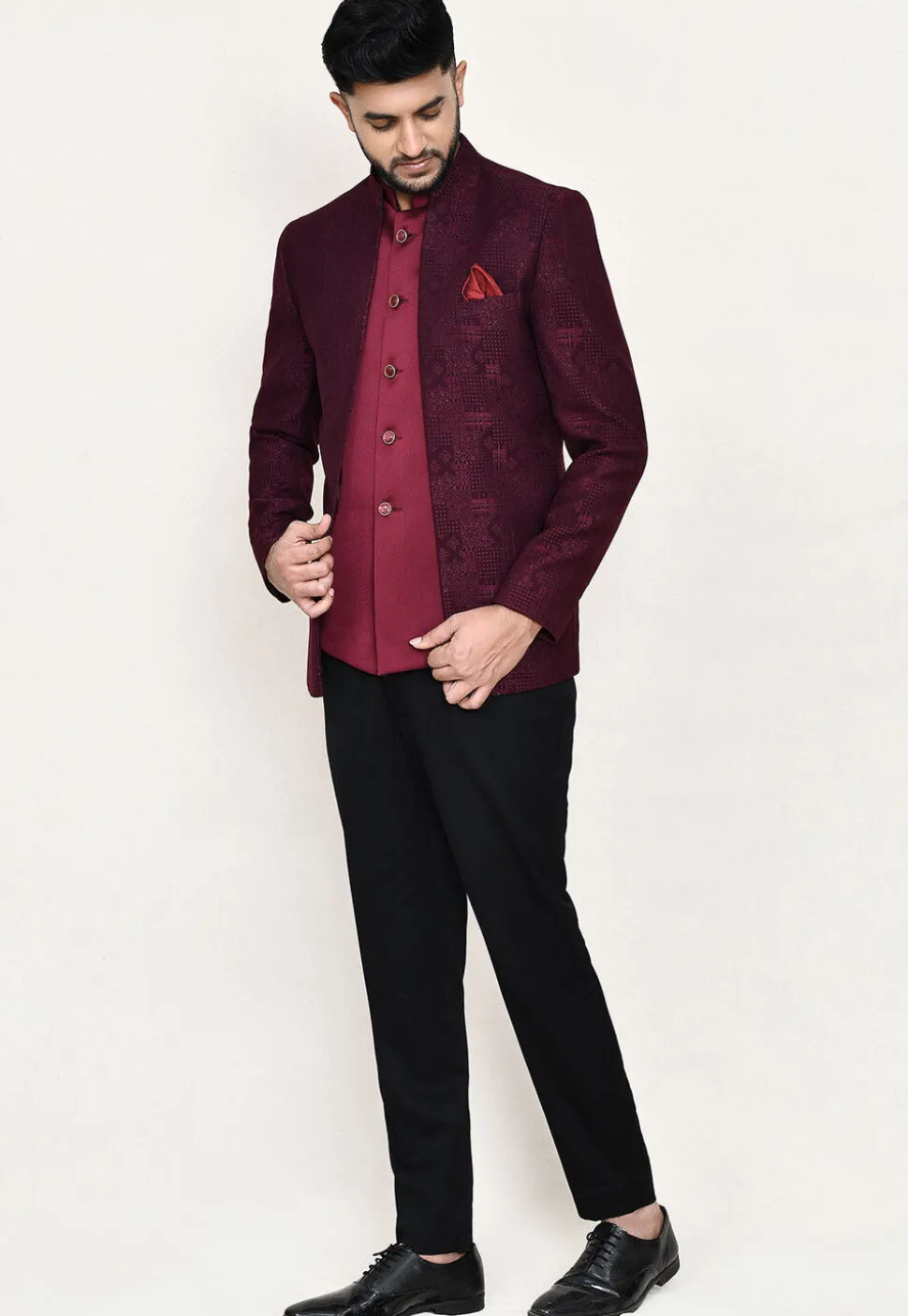 Woven Art Silk Jacquard Jodhpuri Suit in Maroon