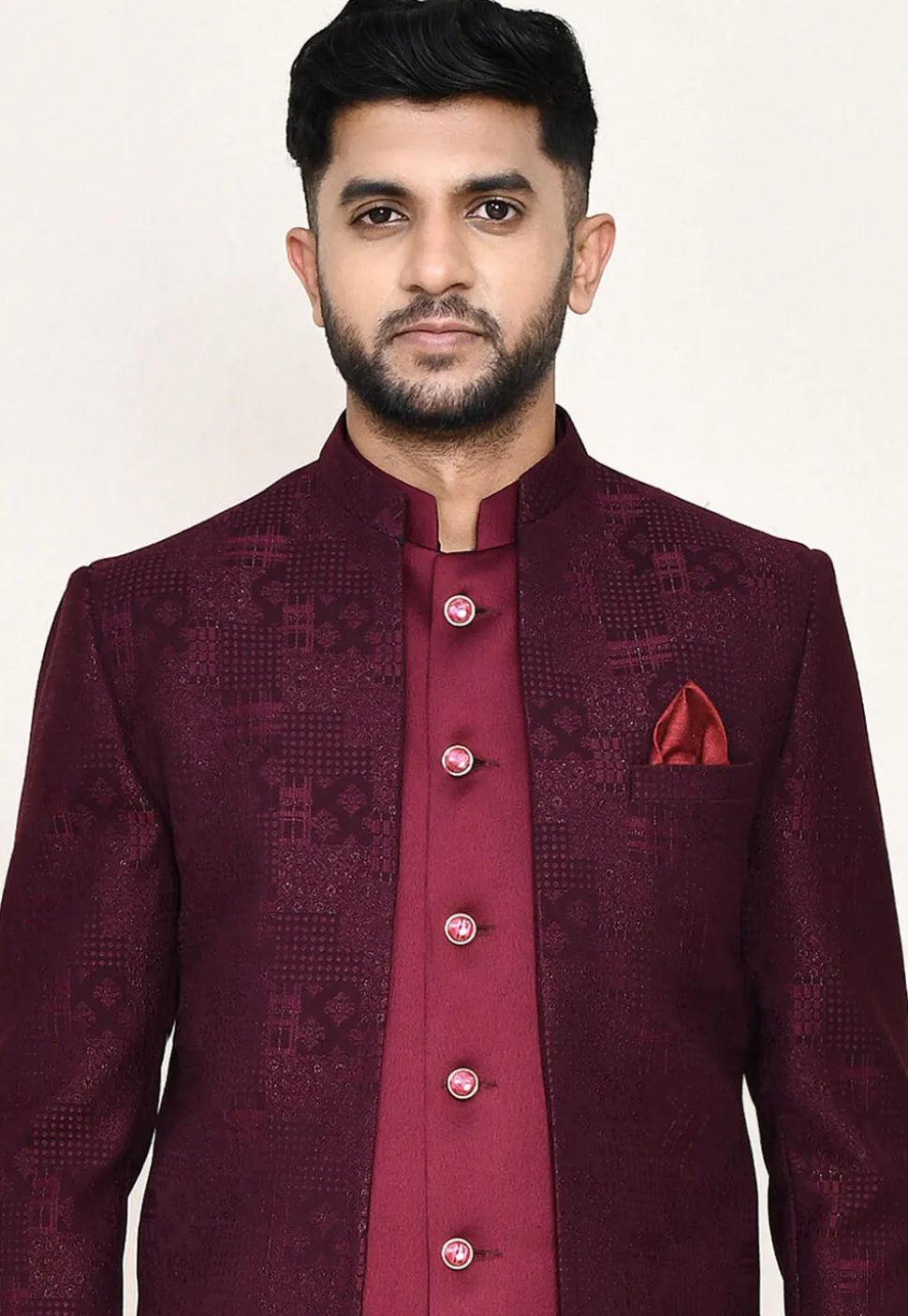 Woven Art Silk Jacquard Jodhpuri Suit in Maroon