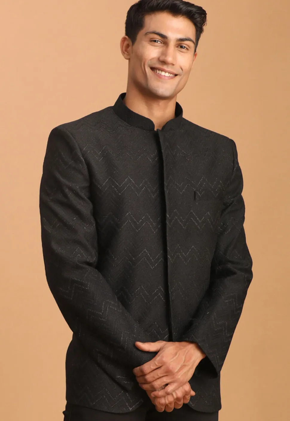 Woven Art Silk Jacquard Jodhpuri Jacket in Black