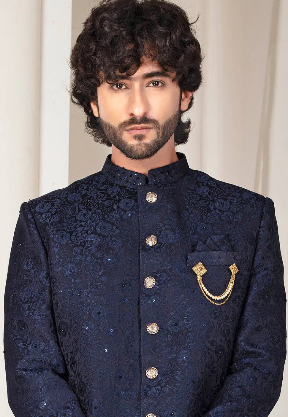 Woven Art Silk Jacquard Jodhpuri Suit in Navy Blue