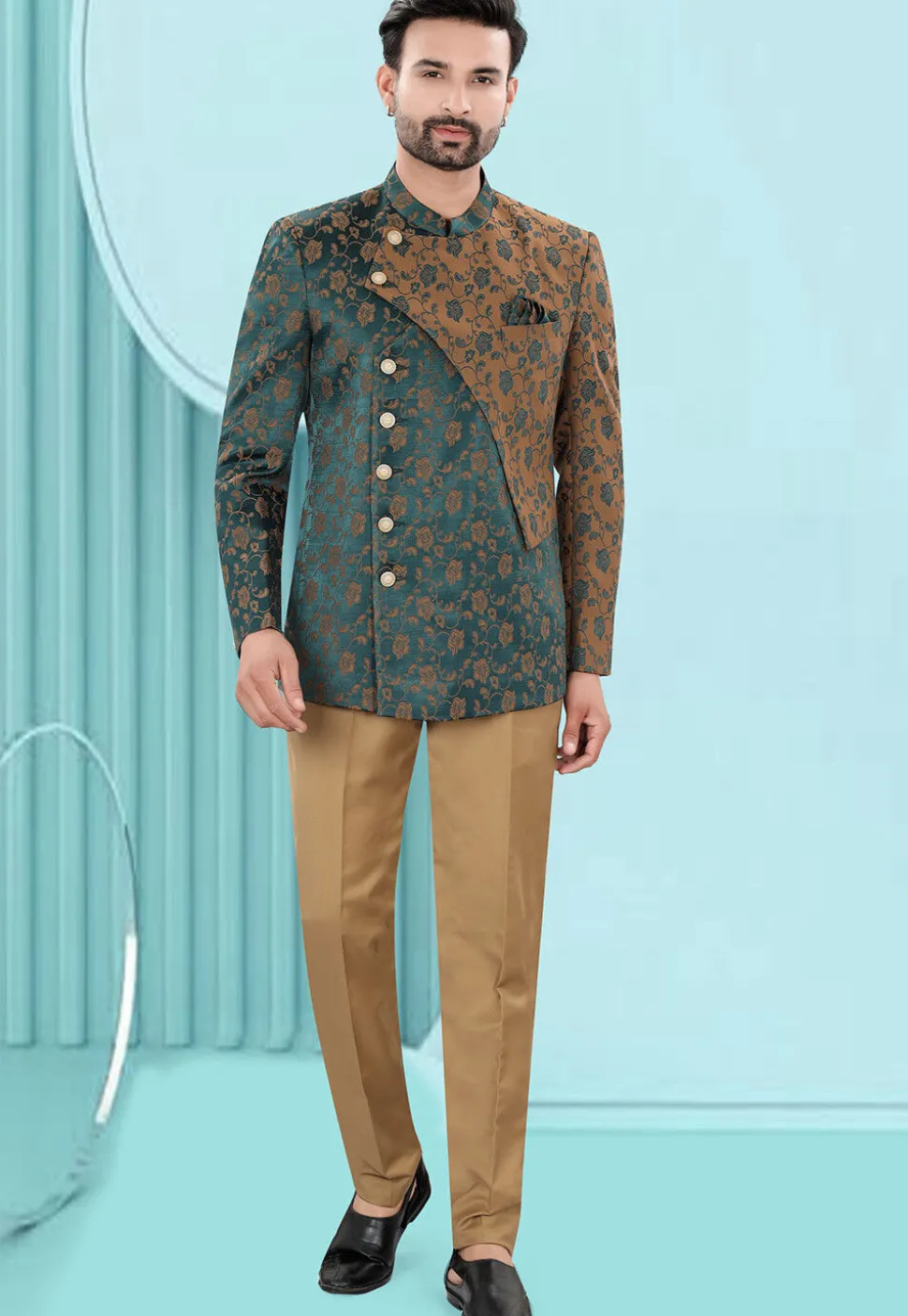 Woven Art Silk Jacquard Jodhpuri Suit in Teal Green and Brown