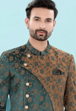 Woven Art Silk Jacquard Jodhpuri Suit in Teal Green and Brown
