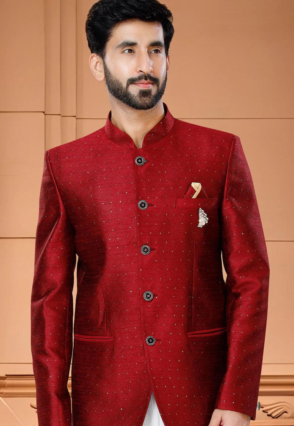 Woven Art Silk Jacquard Jodhpuri Suit in Red