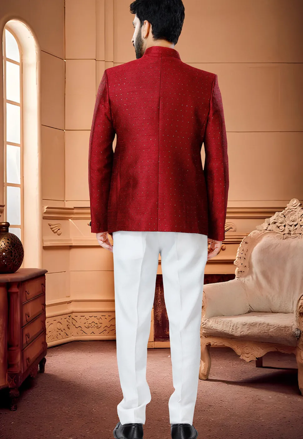 Woven Art Silk Jacquard Jodhpuri Suit in Red