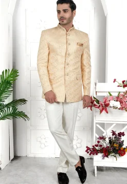 Woven Art Silk Jacquard Jodhpuri Jacket in Beige