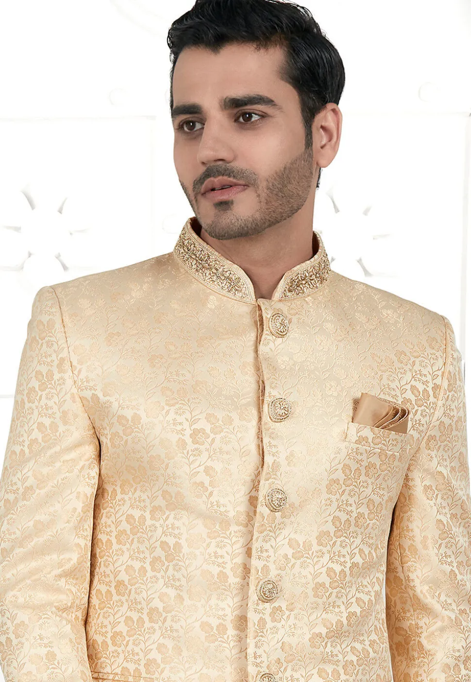 Woven Art Silk Jacquard Jodhpuri Jacket in Beige