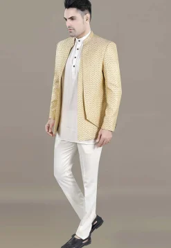 Woven Art Silk Jacquard Jodhpuri Suit in Light Beige