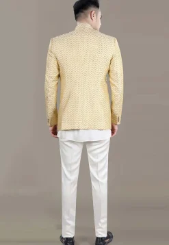 Woven Art Silk Jacquard Jodhpuri Suit in Light Beige