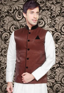 Woven Art Silk Jacquard Jacket in Brown
