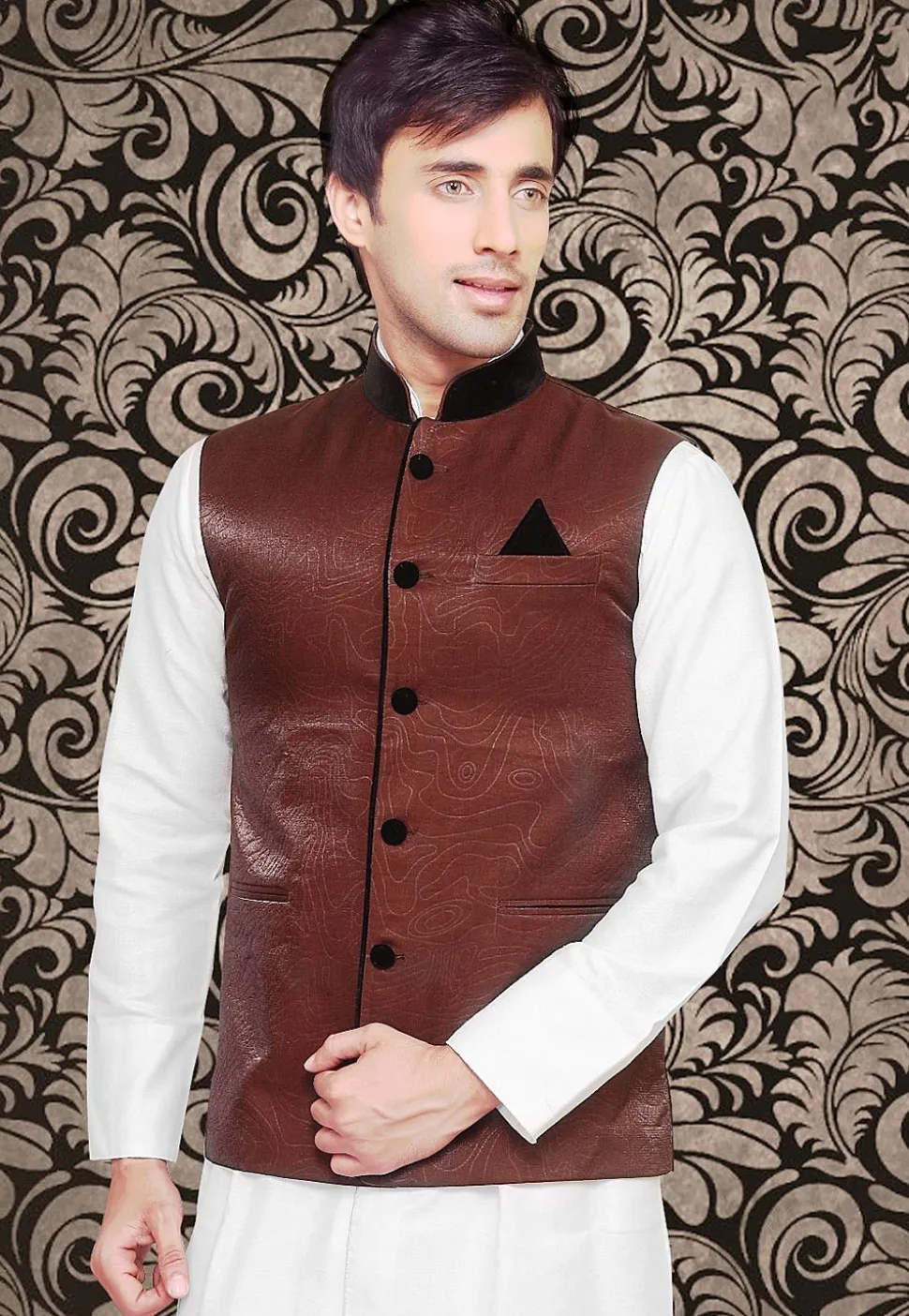 Woven Art Silk Jacquard Jacket in Brown