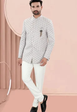 Woven Art Silk Jacquard Jodhpuri Suit in Light Grey