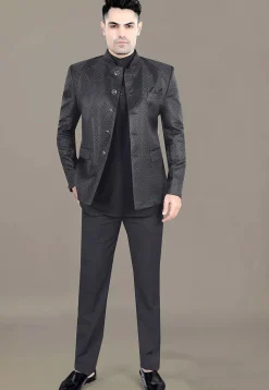 Woven Art Silk Jacquard Jodhpuri Suit in Black