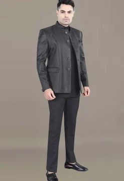 Woven Art Silk Jacquard Jodhpuri Suit in Black