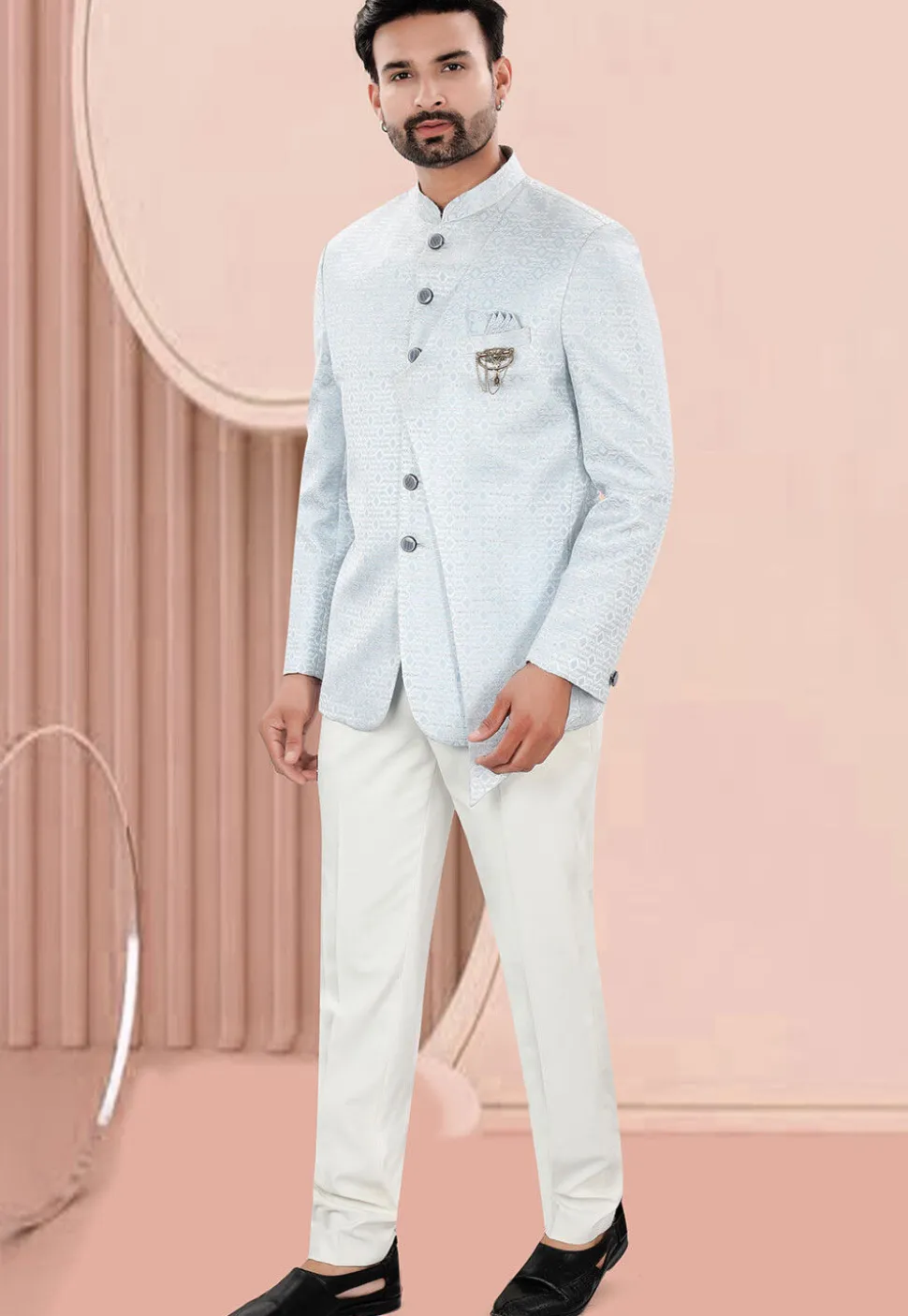 Woven Art Silk Jacquard Jodhpuri Suit in Light Blue