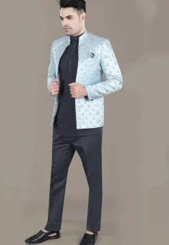 Woven Art Silk Jacquard Jodhpuri Jacket in Sky Blue