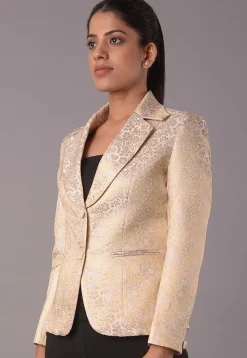 Woven Art Silk Jacquard Jacket in Beige