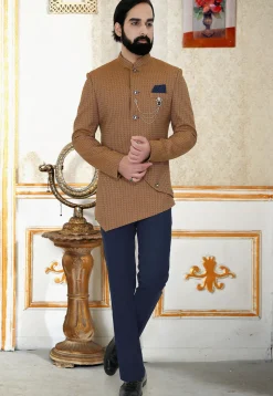 Woven Art Silk Jacquard Jodhpuri Suit in Dark Beige