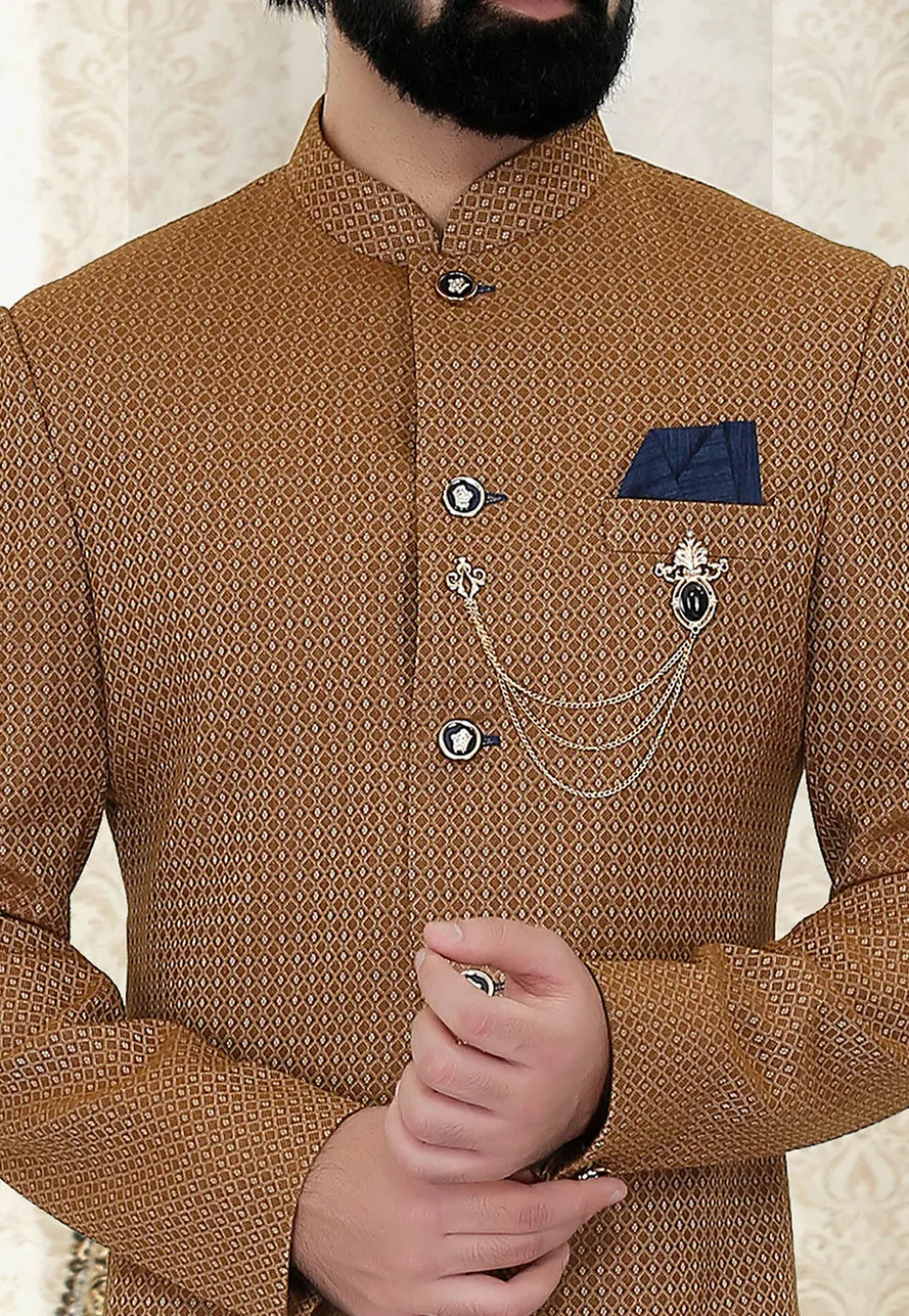 Woven Art Silk Jacquard Jodhpuri Suit in Dark Beige