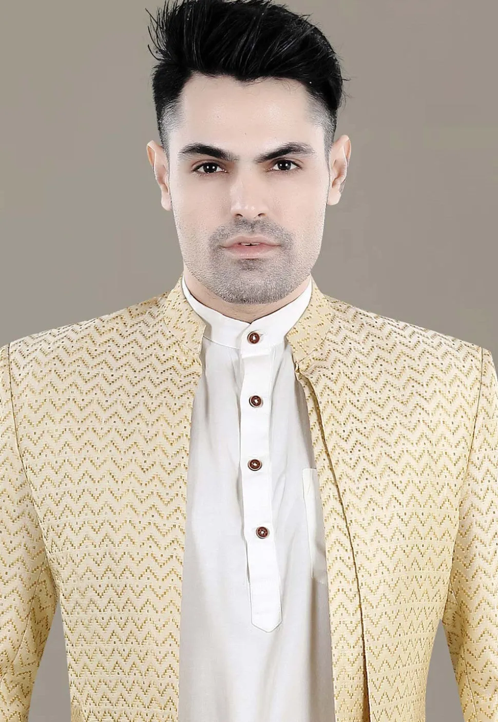 Woven Art Silk Jacquard Jodhpuri Jacket in Light Beige