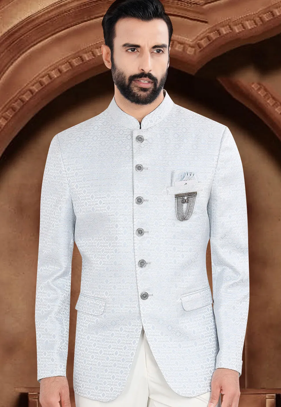 Woven Art Silk Jacquard Jodhpuri Jacket in Light Blue