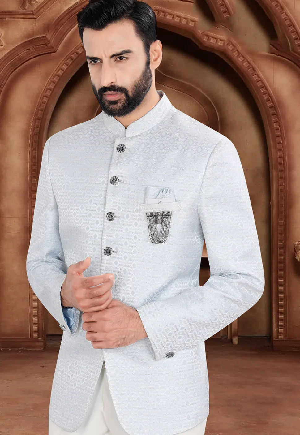 Woven Art Silk Jacquard Jodhpuri Jacket in Light Blue