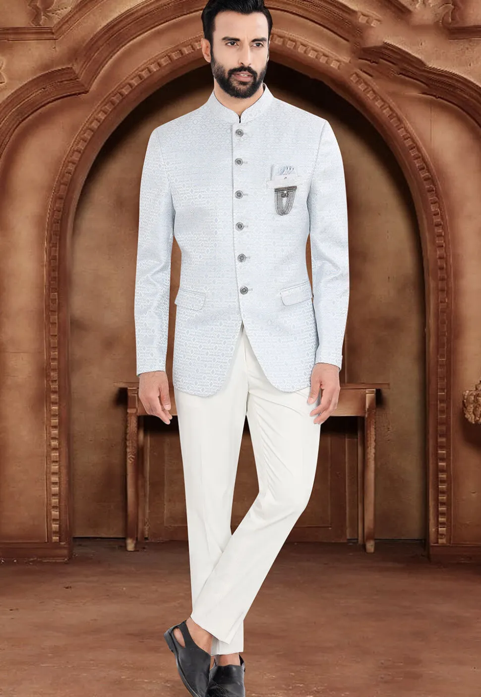 Woven Art Silk Jacquard Jodhpuri Jacket in Light Blue