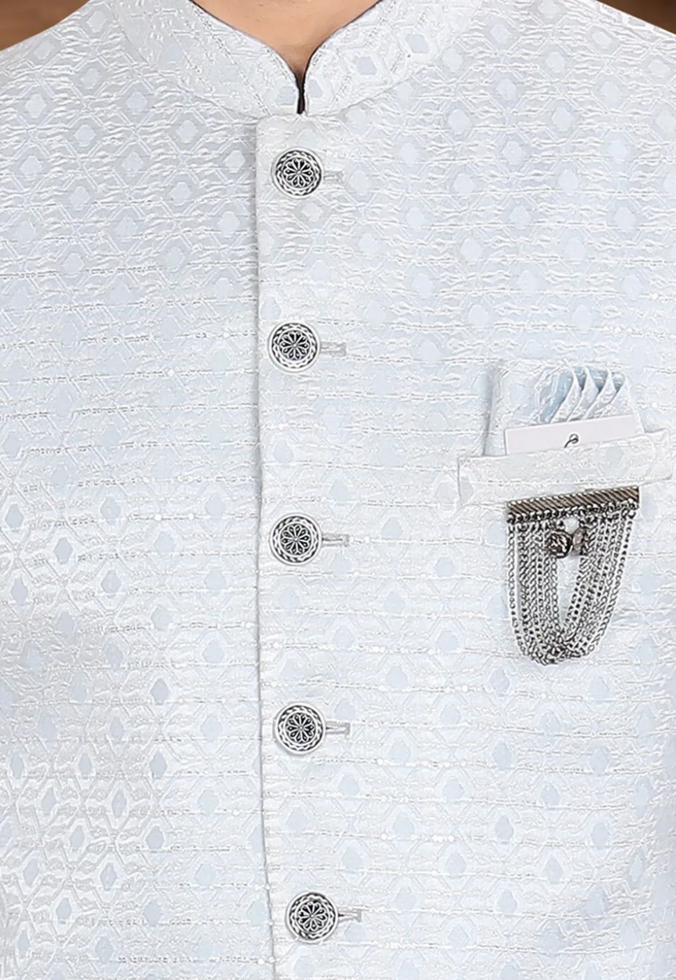 Woven Art Silk Jacquard Jodhpuri Jacket in Light Blue